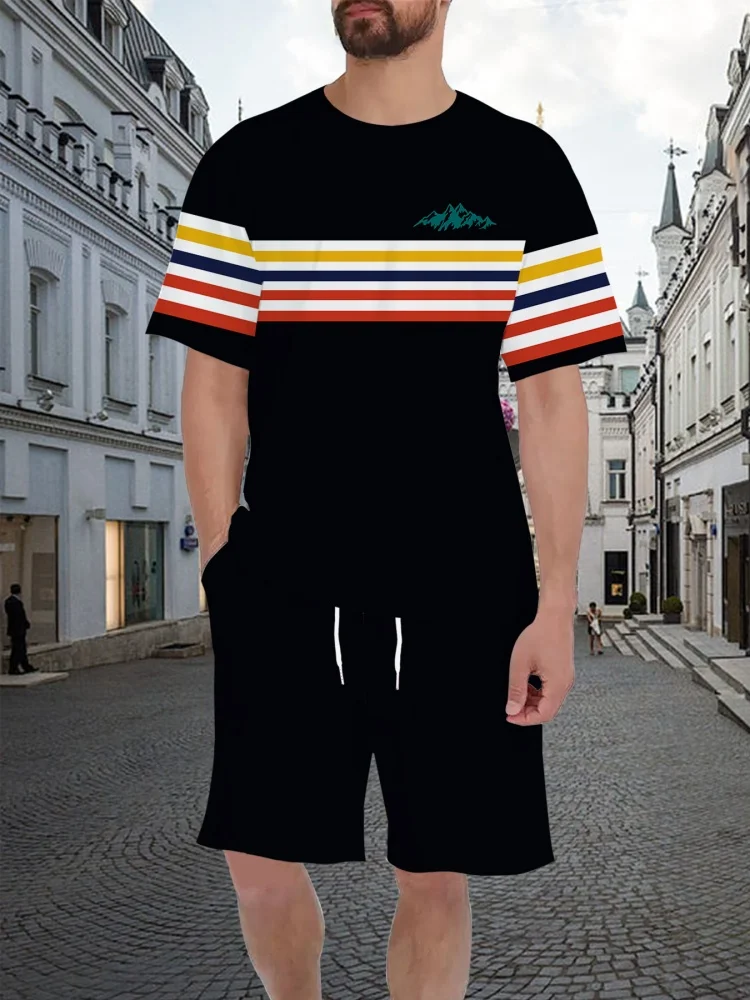 Outdoor Sports Activities - Gestreiftes 3D-Druck T-Shirt Herren-Set Lässiges Atmungsaktives